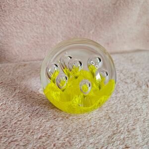 Vintage Hand-Blown Controlled Bubble Art Glass Paperweight with Yellow Design